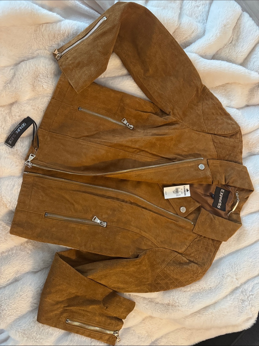Genuine Suede Moto Jacket in Cognac Brown - NWT